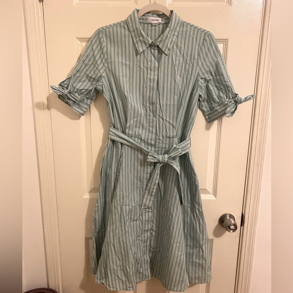 NWOT Size 4 Light Green and White Calvin Klein Retro Striped A-line Dress